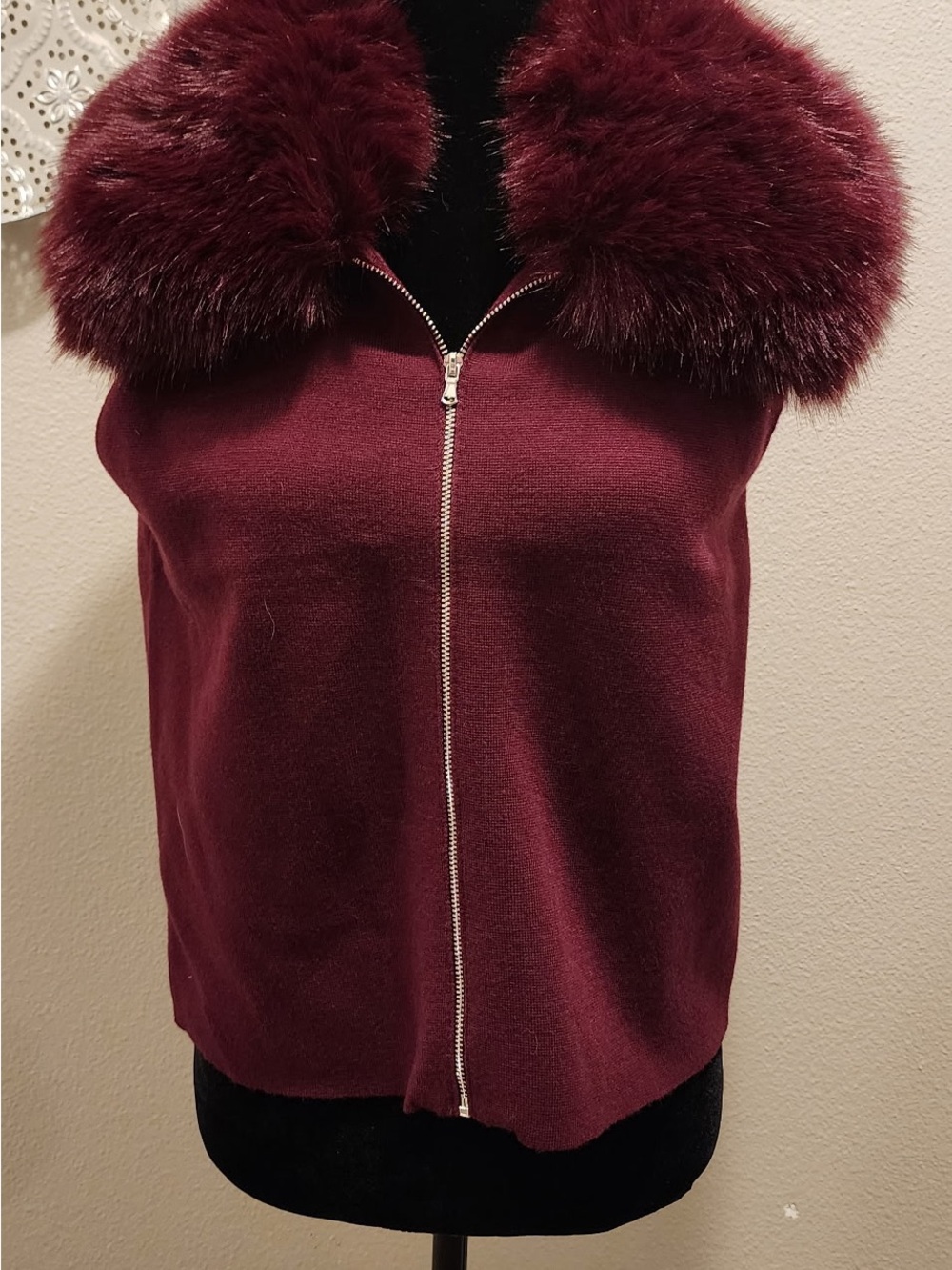 Camila Coelho Burgundy Faux Fur Collar Zip Sweater Vest